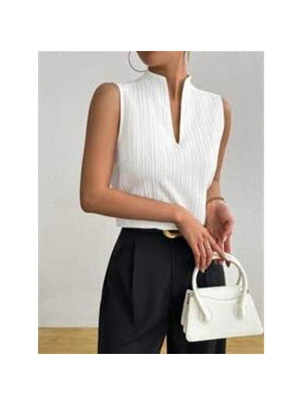 Women's Deep V Neck Sleeveless Work White Tops Ta Tops Blouses Business Casual